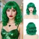 Short Green Wavy Wigs with Bangs Green Bob Wig for Women 12 Inch Colored Wig Synthetic Fiber Hair Wigs for Halloween St. Patrick's Use