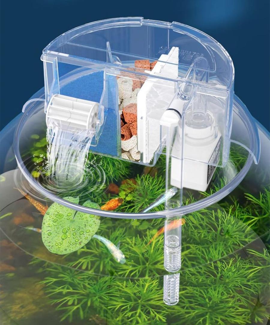 HIERYAN Circular Fish Tank Filter, Aquarium Hang on Filter, Small Fish Tank Filter with Biochemical Sponge, Suitable for a Circular Fish Tank with a Diameter of 5.35″ - 7″