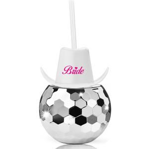 NINU Disco Ball Cup - Silver Bride Disco Party Tumbler with Cowboy Hat Lids and Straws, 20 oz for Hen Bachelorette Party, Barbie, Cowgirl Last bachelorette, Bridal Shower Supplies, Bride Gift