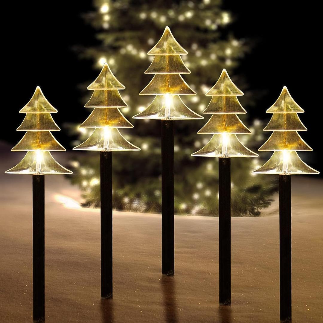ILLUMINEW Outdoor Christmas Decorations, Solar Christmas Pathway Lights, Set of 5 Waterproof Landscape LED Lights for Yard Lawn Patio Walkway Decor (5PCS-Warm White-Tree)