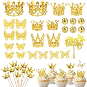 37 PCS Crown Cake Topper Mini Gold Crown Butterfly Disco Ball Decorations for Women Wedding Birthday Supplies (Gold)