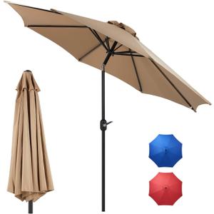DUMOS 9FT Outdoor Patio Umbrella with Push Button Tilt and Crank, Table Umbrella, 8 Sturdy Ribs Waterproof Pool Umbrella for Market, Terrace, Beach, Outdoor Restaurant Khaki