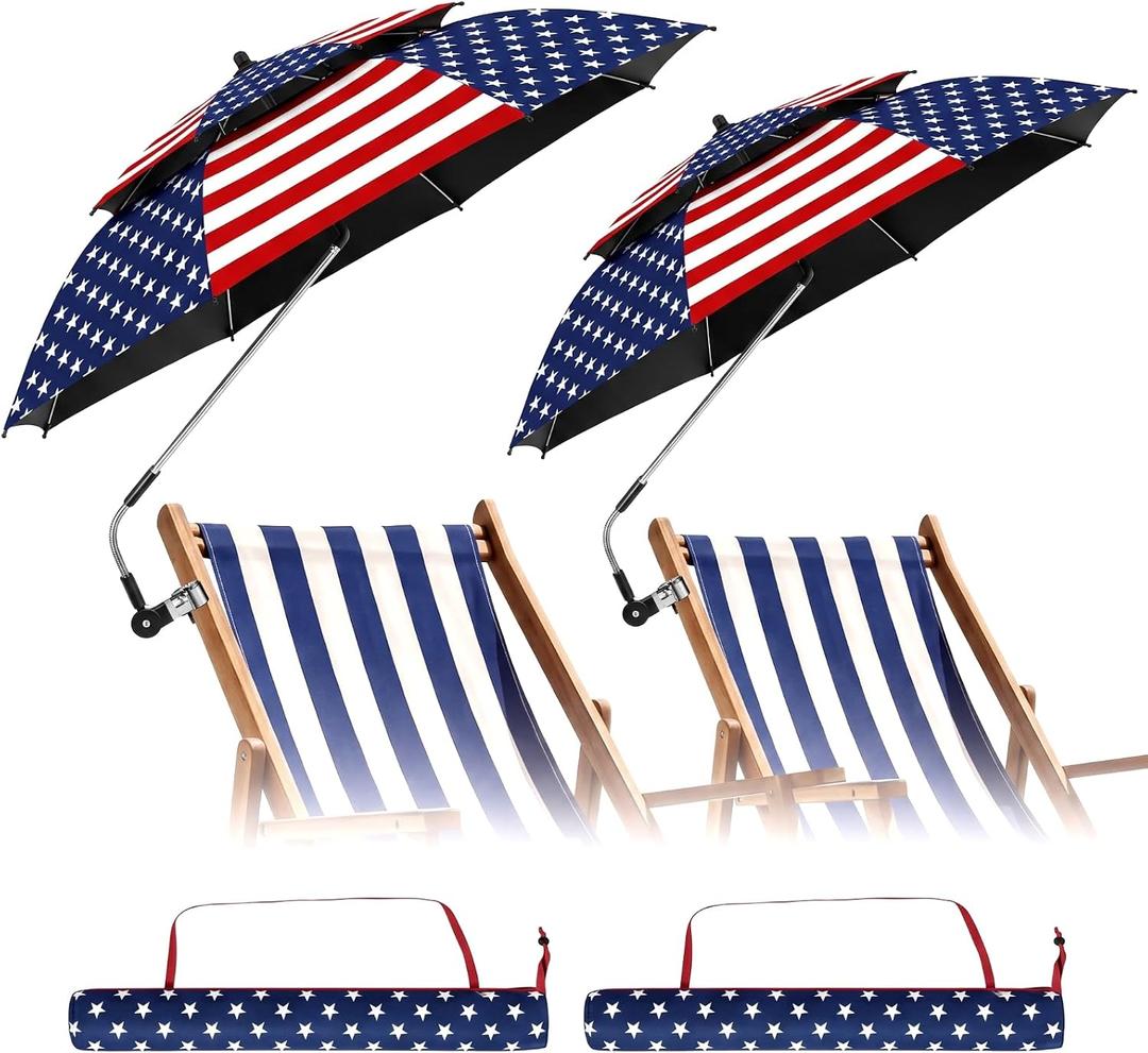 Patriotic 360adjustable Portable Outdoor Wheelchair 48.6" Double Canopy Beach Umbrella Upf50+ Beach Chair Umbrella with Clip Sun Protection for Chairs Wheelchair Golf Carts Camping