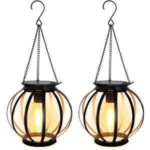 2 Pack Solar Lantern Lights Outdoor, Black Metal Hanging Solar Lights with Hook, Waterproof Hanging Lantern Lights for Pathway Patio Yard Porch Garden Decoration (Warm White)