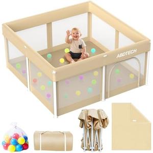 Foldable Playpen for Babies and Toddlers：Quick Setup 50x50in playpen with Mat - Collapsible Play Pen for Babies with Storage Bag for Indoor & Outdoor - Baby Fence Play Area with 30 Ocean Ball, Khaki