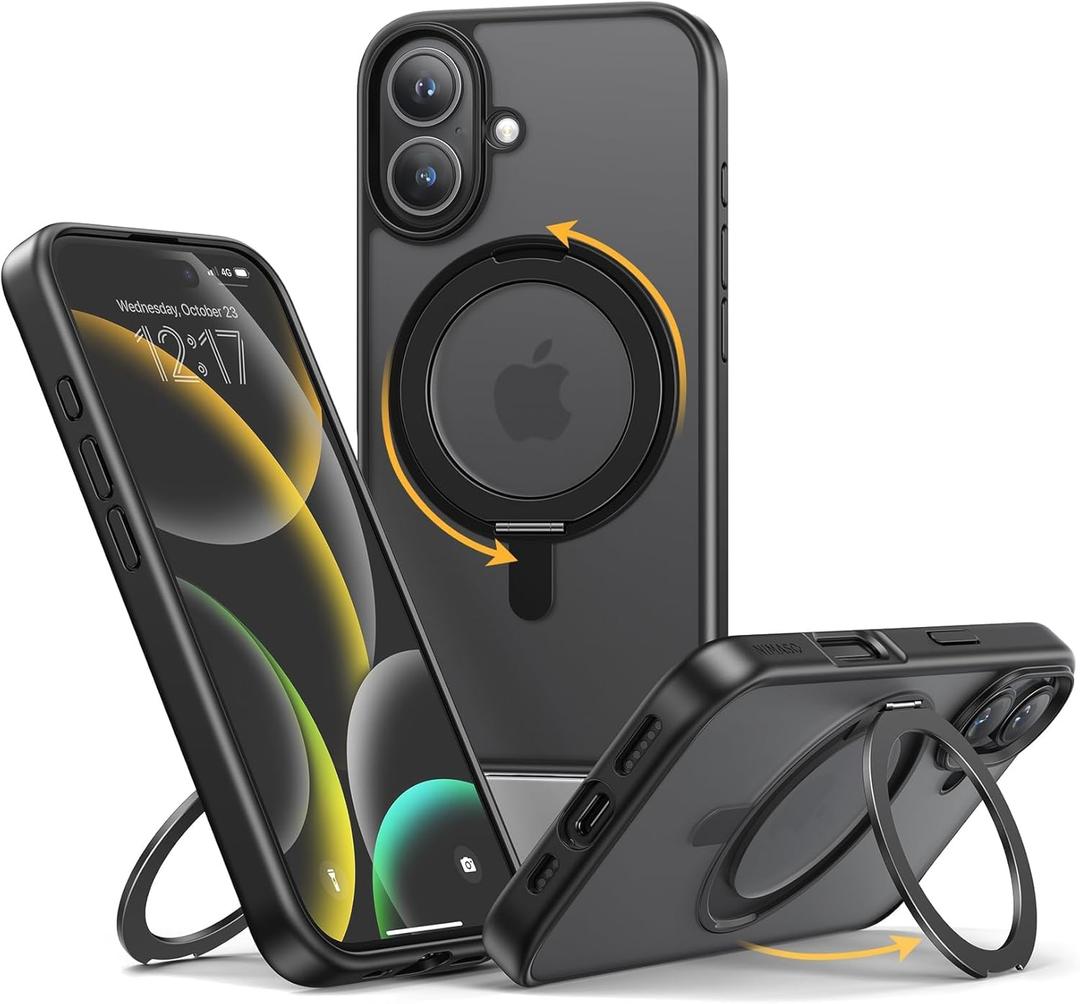 NIMASO for iPhone 16 Case with 360 Spin Magnetic Stand, Compatible with MagSafe, Shockproof Military-Grade Protection Cover, Anti-Yellowing Translucent Matte Phone Case for iPhone 16 (6.1 inch),Black