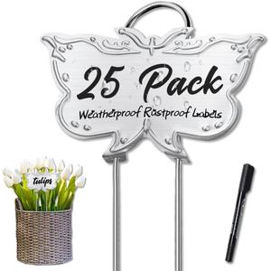 Metal Plant Labels, Tall Outdoor Butterfly Garden Markers for Flowers, Fruits and Vegetables, 304 Stainless Steel Weatherproof Signs (25 Packs, 4" x 2.3", Silver Butterfly Design)