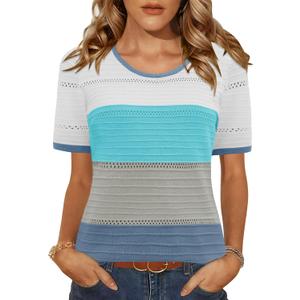 LUYAA Short Sleeve Sweater for Women Spring Summer Crochet Tops Crewneck Ribbed Casual Lightweight Pullover Sweaters XL