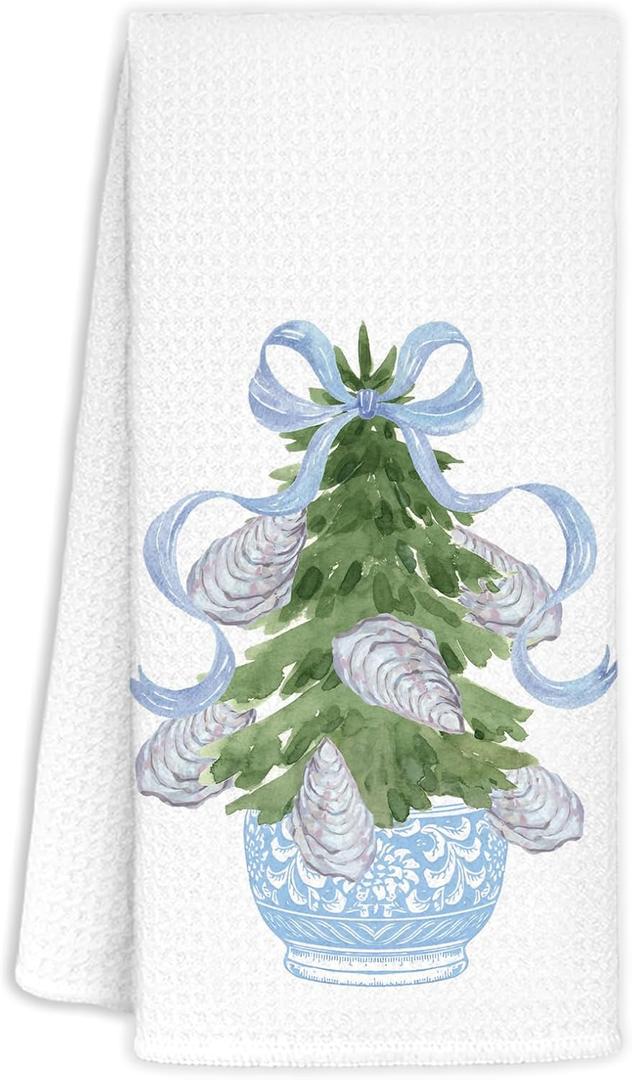 Christmas Chinoiserie Kitchen Towels Decor,Blue Bow Oyster Christmas Tree Towels Gifts,Blue Christmas Hand Towels for Bathroom Kitchen,Grandmillennial Decor,16x24 Inches