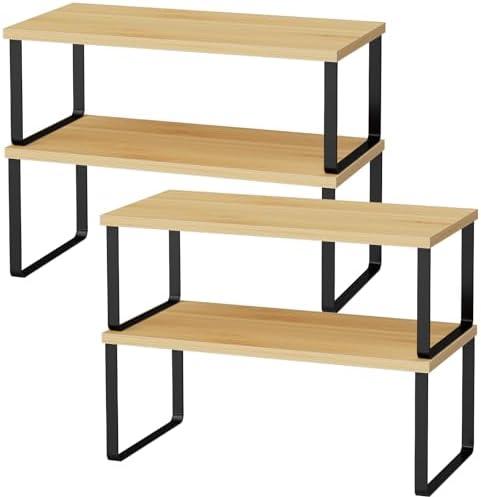 OGEMXU Cabinet Shelf Organizers, 15.7 inches Large Kitchen Counter Shelf, Set of 4 Wood Kitchen Pantry Organizer, Storage Shelves for Countertop, Spice Rack, Stackable, Expandable, Metal Black, Nature