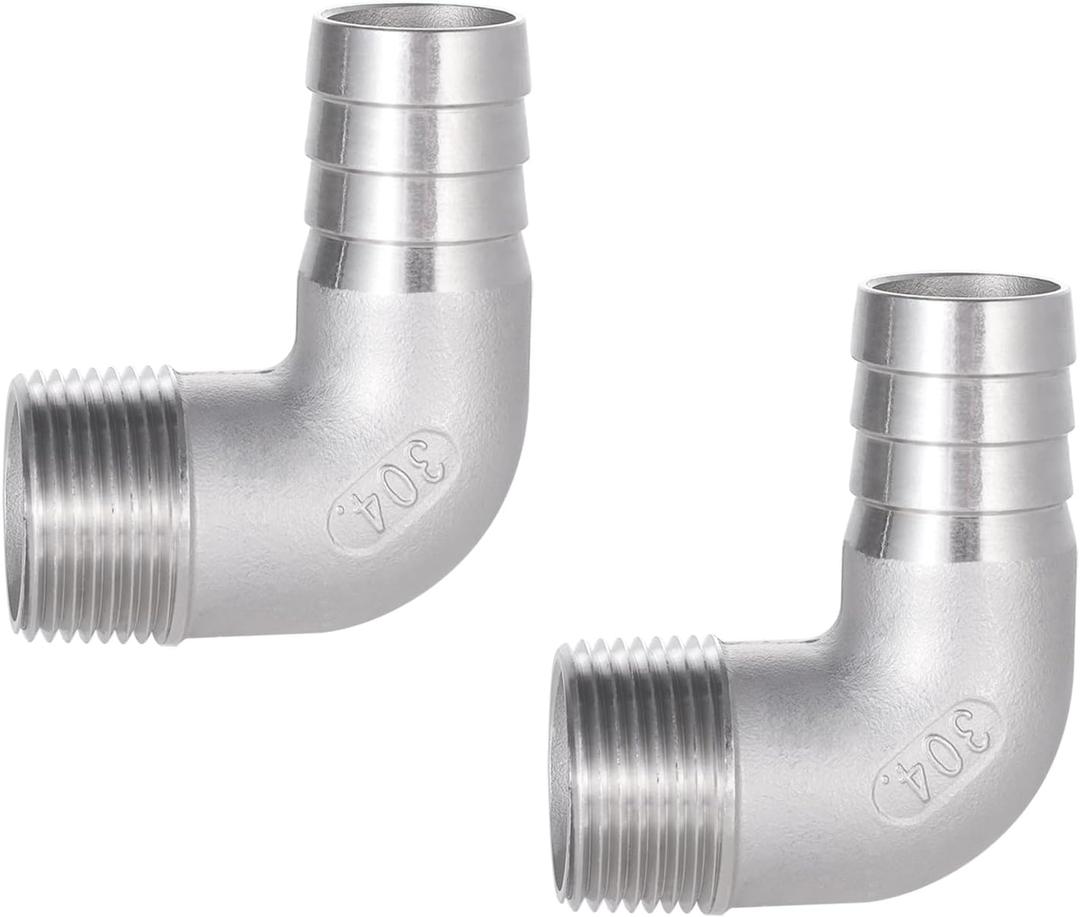 304 Stainless Steel Hose Barb 90 Degree Elbow 3/4" Hose Barb to 3/4" NPT Male Thread, Hose Barb Pipe Fitting for Air Water Fuel