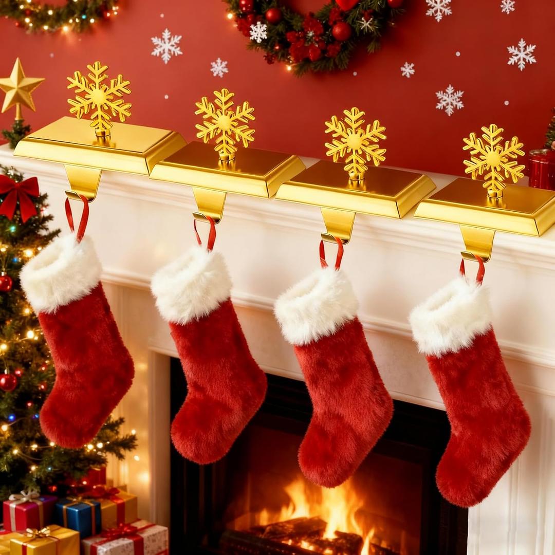 SYITCUN Metal Stocking Holders for Mantle Set of 4, Golden Magnetic Snowflakes Christmas Stocking Holder, Weighted Flat Stocking Hooks for Fireplace, Interesting Christmas Decorations