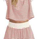 Burtell Women Summer 2 Piece Lounge Sets Striped Short Sleeve Tee Shirts Mini Shorts Loungewear Shorts Set Ribbed Pajama Set L