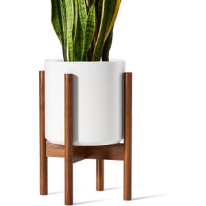 LE TAUCI 10 Inch Planter with Acacia Wood Stand, Ceramic Planter for Indoor Plants with Plant Holder, Mid-Century Modern Home Decor, Round Flower Pots with Drainage Hole, White