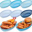 12 Pcs Plastic Fast Food Restaurant Baskets Fast Food Snack Baskets Blue Plastic Oval Serving Tray for Hot Dogs Burgers Sandwiches Chips 6 Colors