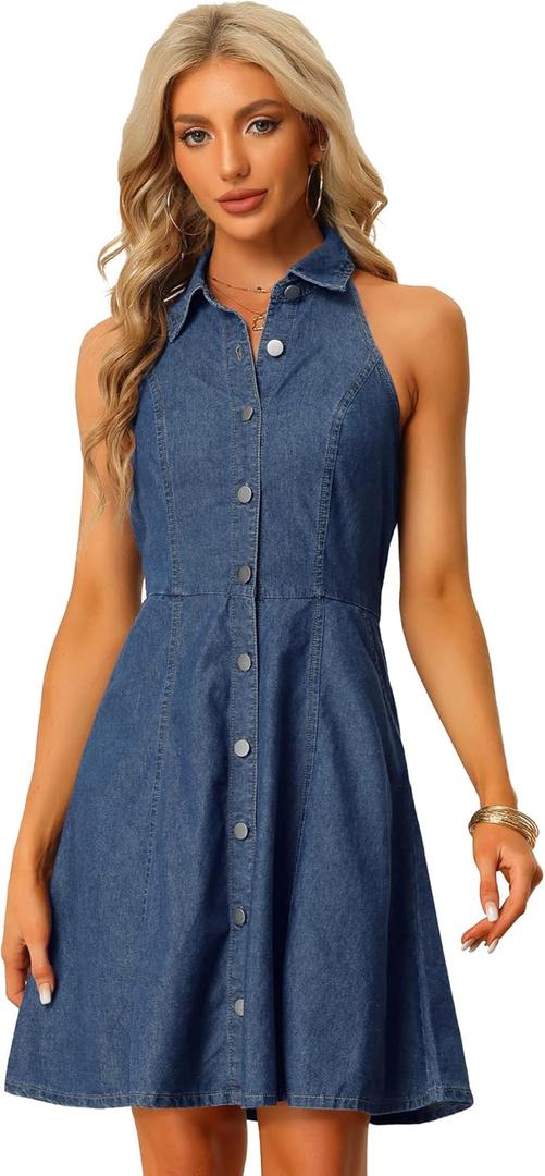Allegra K Lightweight Denim Dresses for Women's Button Down Sleeveless Halter Neck Jean Dress (X-Large, Blue)