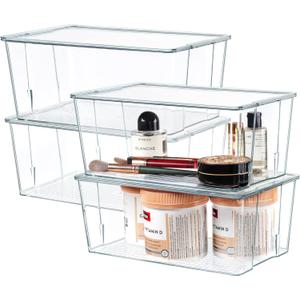 Hudgan Clear Plastic Storage Organizer Bins with Acrylic Lids for Home Office, Kitchen, Cupboard, Pantry Shelves, Medicine Cabinet, Craft Rooms - 4.5-Inches Tall - 4 Pack