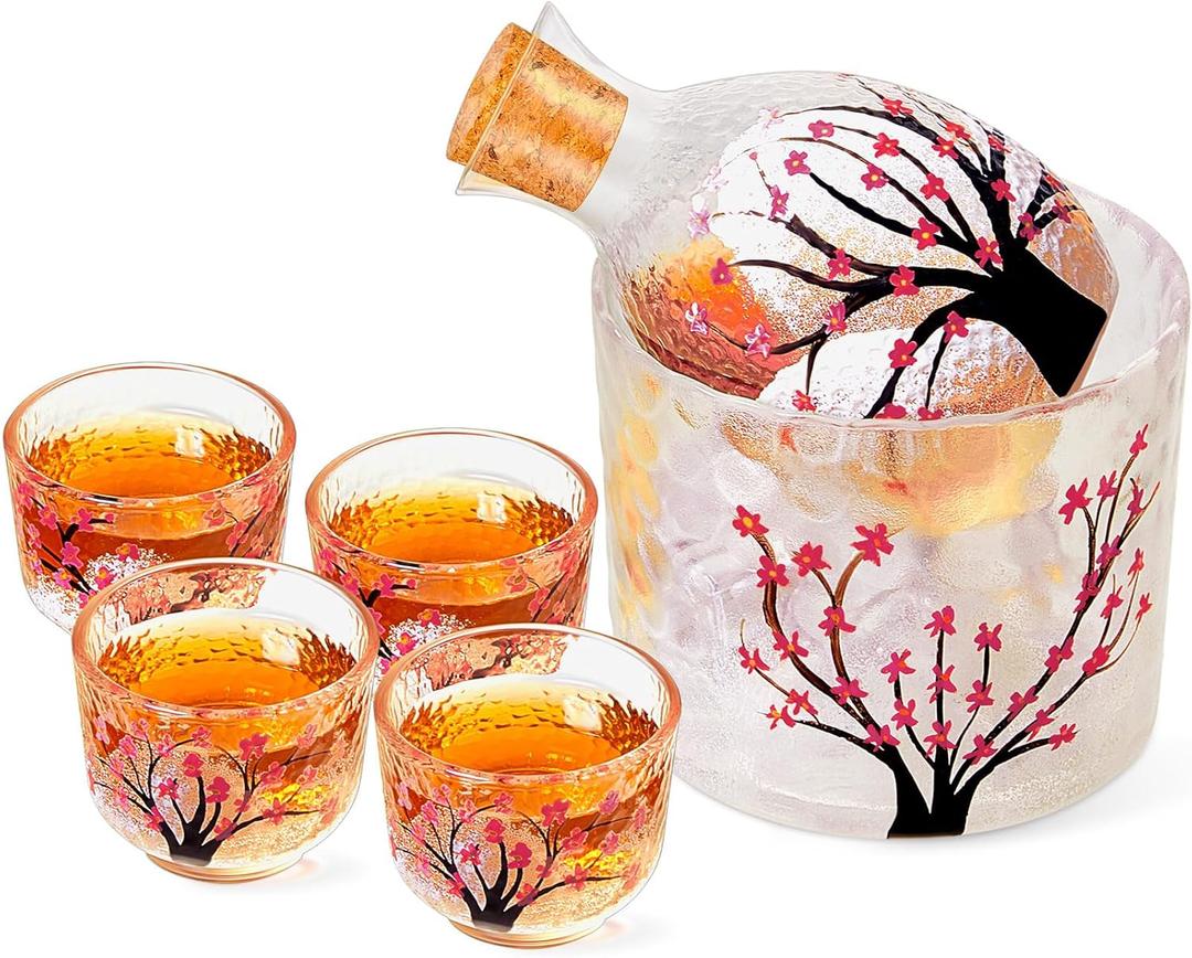 Irenare Japanese Sake Set for 4 Saki Cup Set Pink Cherry Blossoms Sake Bottle Cup Set Including 1 Sake Bottle 1 Sake Tank and 4 Sake Cups for Cold Hot Warm Sake Carafe, Japanese Gifts