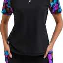 Halcurt Women's Two Piece Rash Guard Swim Shirts Built in Bra Swimsuit with Boyshorts with Pockets (X-Large, Black Blue Dotted)