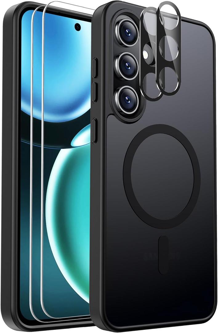 for Samsung Galaxy S24 FE Case Magnetic Shockproof, [Fit for MagSafe] [Glass Screen Protector + Camera Lens Protector] Translucent Anti-Fingerprint Case for Samsung Galaxy S24 FE (Black)