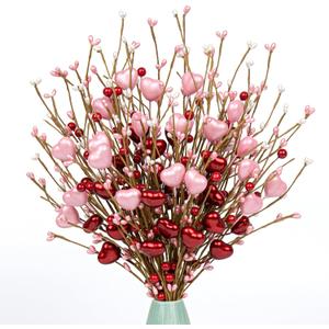 Valentines Day Gifts 24 Pack Valentine's Day Decorations Pearlescent Valentines Picks with Red and Pink Heart Shaped Berry for for Anniversary Wedding Candlelight Dinner