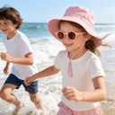 Baby Sun Hat with Sunglasses, UPF 50+ Wide Brim Kids Bucket Hat with Neck Protection, Adjustable Beach Hats for Boys & Girls (Pink)