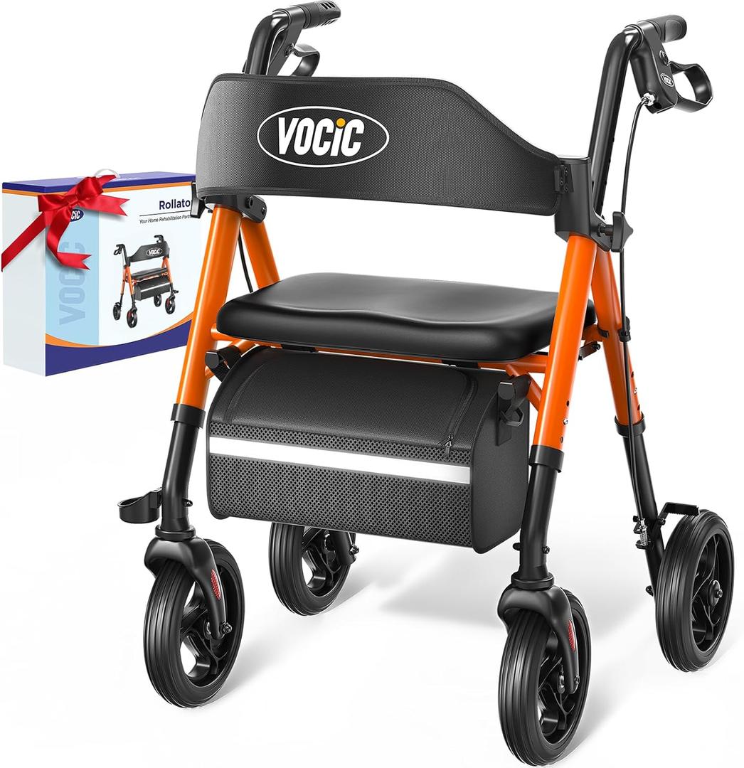VOCIC Walkers for Seniors, Z21 Rollator Walker with Seat Supports 350lb, 8" Big Wheels for All Terrain, Ergonomic Arc Seat & 6" Ultra Backrest Foldable Walker, Dual Height Adjustment, Lightweight 2025 (Orange)