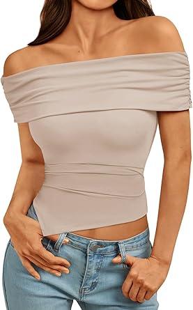Imily Bela Women's Summer Off The Shoulder Tops Casual Asymmetrical Slim Fit Y2K Going Out Cropped Shirts,  XXL