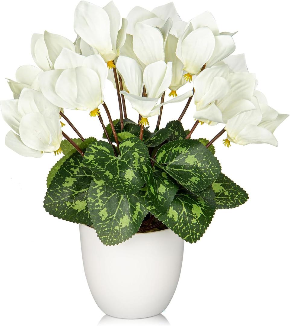 Hollyone Artificial Cyclamen Flowers Plant Potted Fake Silk Flower Plants in White Pot Faux White Cyclamen Flowers Arrangement Home Decor Office Bathroom Shelf Desk Decorations