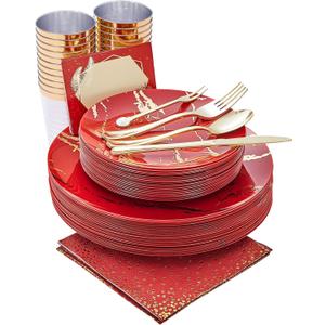 N9R 225PCS Red Gold Plastic Dinnerware Set - Disposable for Mothers Day, Includes 25 Dinner Plates, 25 Dessert Plates, 25 Forks, 25 Spoons, 25 Knives, 25 Gold Cups, 25 Napkins & Table Cards