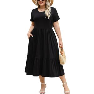 Women's Plus Size Midi Casual Dress with Pockets 1X-4X Tiered Short Sleeve Relax Fit Crewneck Summer Dresses (XX-Large Plus, Black)