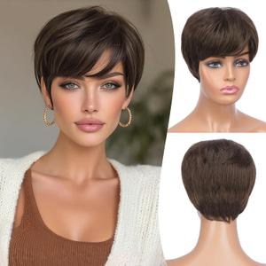 FESHFEN Pixie Cut Wigs Synthetic Short Brown with Highlights Pixie Haircut Wig with Bangs Glueless Layered Wig Wavy Wigs for Women
