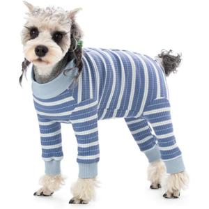 Dog Striped Recovery Suit, Puppy After Surgery Onesie for Female Male Dogs, Dogs Cats Long Sleeve Pajamas Bodysuit, Surgery Abdominal Wound Bandages Clothes, Dog Pant for Shedding Skin Disease, Dark Blue, Large