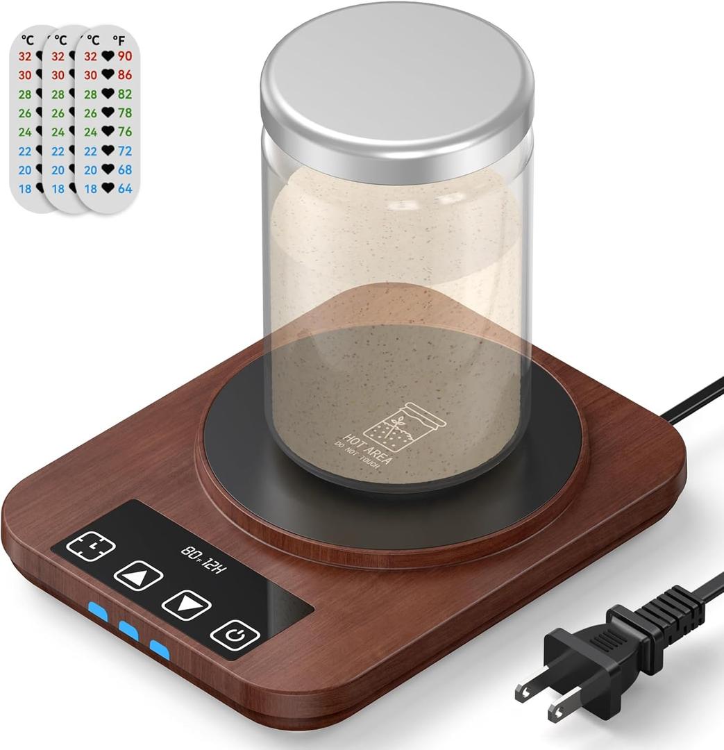Sourdough Starter Warmer (70-100F), 1F Adjustable Sourdough Warming Mat, Waterproof Thermometer Strip, 12H Timer & Auto Shutoff, Safe for Home Bakers & Beginners (US Plug) - Wood Grain