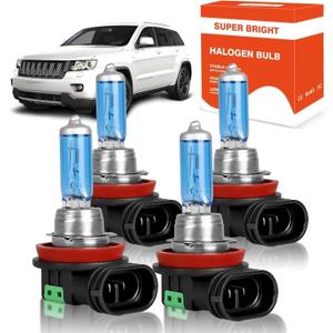 SHENKENUO Fit For Jeep Grand Cherokee (2014-2022) H11 Low Beam+ H11 Fog Light- High Performance 5000K White Halogen Headlight Bulbs Combo,Plug-n-Play,Pack of 4