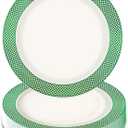 Green Plastic Plates 7.5 Inch Small Dessert Plates, White with Green Rim Disposable Salad Plastic Appetizer Plates for Christmas Weddings Birthday New Year Party