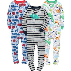 Simple Joys by Carter's baby-boys 3-pack Snug Fit Footed Cotton Pajamas (Blue Firetruck/Grey Stripe/White Dinosaur)
