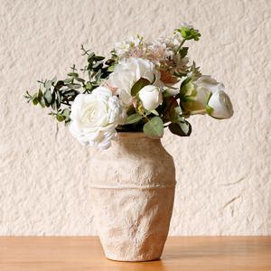 Ceramic Flower Vase, 8.07 Inch (20.5 cm) - Retro Beige Textured Rustic Farmhouse Decorative Vase for Living Room, Table, Fireplace, Kitchen & Home Centerpiece