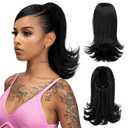 Short Black Drawstring Ponytail Hair Extension for Black Women 14 Inch Straight Ponytail with End Curls Synthetic Fake Hairpieces (Short Curly-1B Jet Black)