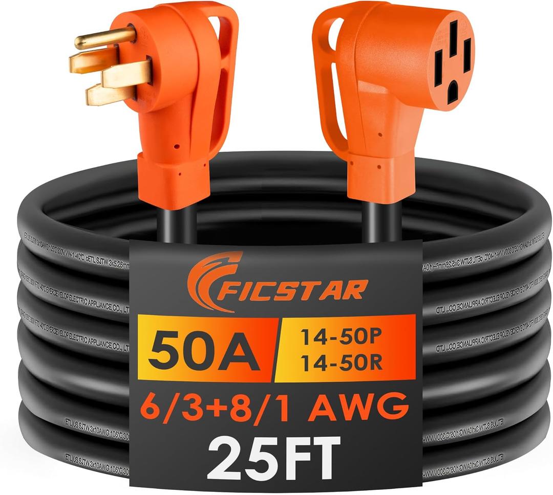 25FT 50 Amp RV Extension Cord Outdoor with Grip Handle,125/250V,12500W, 4 Prong, Heavy Duty 6/3+8/1 Gauge STW, NEMA 14-50P to 14-50R with Cord Organizer, UL&ETL Listed