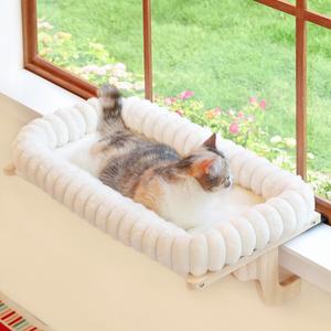 Zakkart SnugCloud Cat Window Perch with 4Sided Bolster  Orthopedic Cat Hammock for Window Sill  Solid Hardwood & Metal Frame  Window Seat for Pets (Natural Color Wood w/White Bed, Medium)