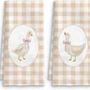 Farmhouse Goose Kitchen Towels Set of 2, Goose Decor Beige Gingham Checkered Dish Tea Towels, Coquette Pink Bow Goose Nursery Hand Towels for Bathroom Kitchen Decor, 16x24 Inch