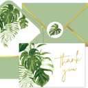 Whaline 50 Packs Summer Gold Foil Thank You Cards Tropical Greenery Leaves Greeting Cards Monstera Blank Note Card Boxed with Envelopes and Stickers for Birthday Holiday Baby Shower, 4 x 6 Inch