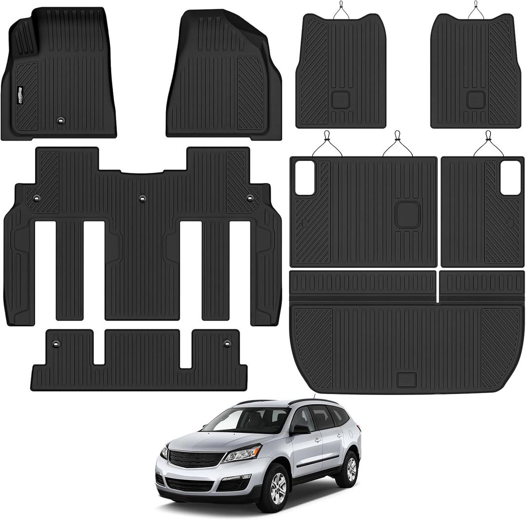 Floor Mats for 2009-2017 Chevy Traverse 7 Seats/Captain Seat | /2008-2017 Buick Enclave Trunk Mat and 2nd/3rd Backrest Mat All Weather TPE Protector Interior Accessories Floor Liners