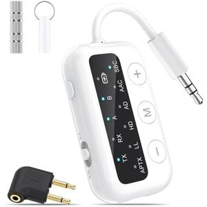 1Mii SafeFly Dot Bluetooth 5.3 Transmitter Receiver for up 2 Headphones,AptX Low Latency/HD,Plane Travel Essentials,Wireless Audio Bluetooth Airplane Adapter for Flight,TV,Car,PC(White)