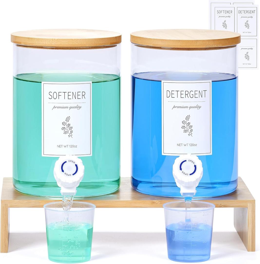 Glass Laundry Detergent Dispenser with Shelf & Bamboo Lid - 120 Oz Liquid Detergent, Laundry Soap & Fabric Softener Dispenser for Laundry Room Organization and Storage with 2 Cups & 8 Labels