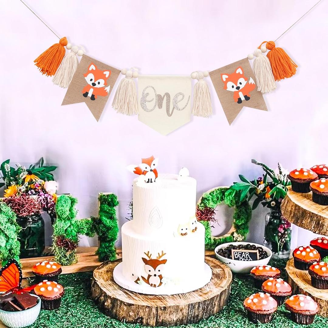 Fox One High Chair Banner - Little Fox 1st Birthday Decorations,Woodland Fox Tassels Burlap Decorative Gralands,Wild Animal First Birthday Photo Props,Forest Fox Party Cake Smash Banner