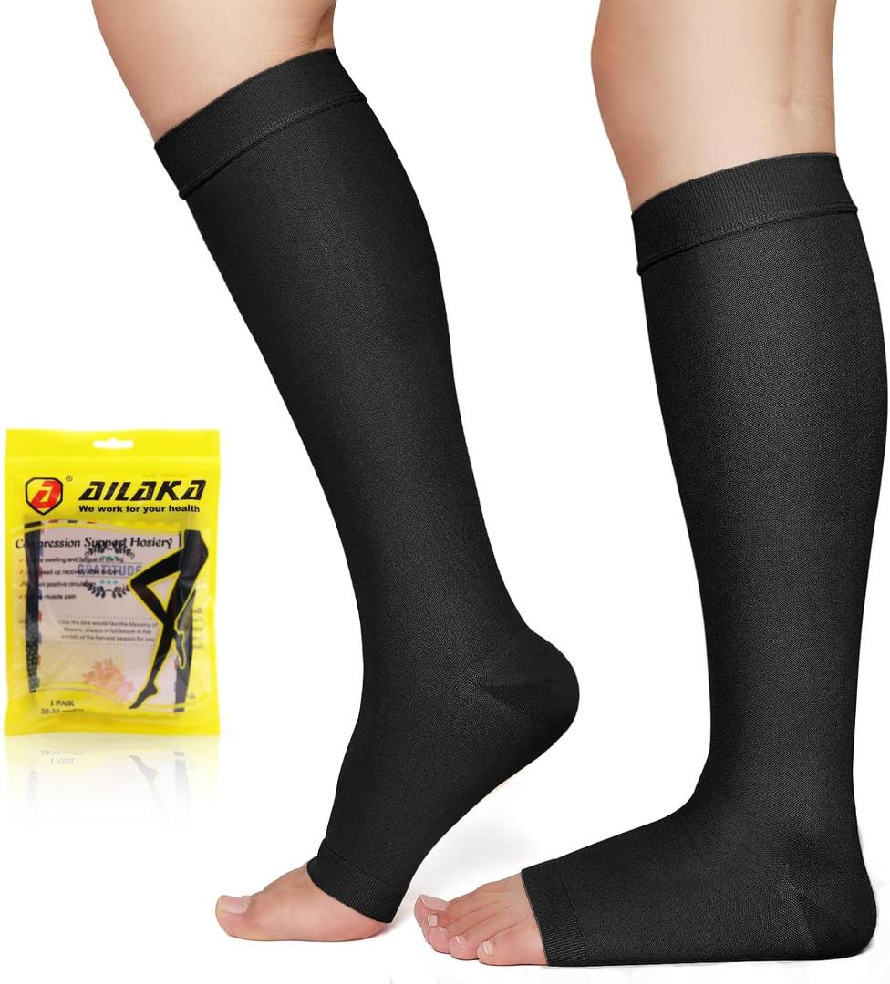 Ailaka 20-30 mmHg Open Toe Compression Socks for Women Men, Medical Grade Graduated Compression Knee High Socks, Wide Calf Toeless Support for Circulation, Plantar Fasciitis, Travel, Flying, Post Surgery Recovery(BK,M)