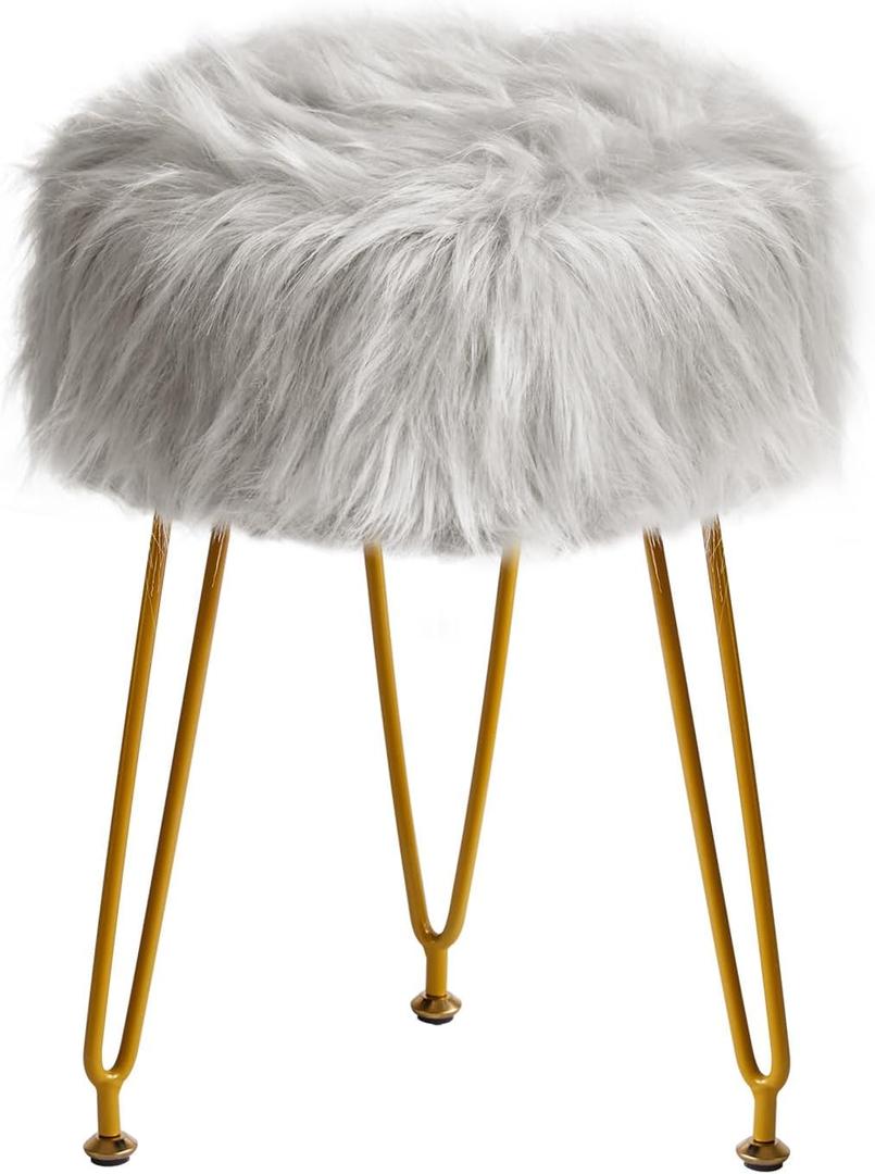 IBUYKE Faux Fur Vanity Stool Chair, Furry Makeup Stool Ottoman, Soft Padded Seat, Round Footrest Footstools with 4 Metal Legs, for Living Room Bedroom Entryway, Gray LG-32G