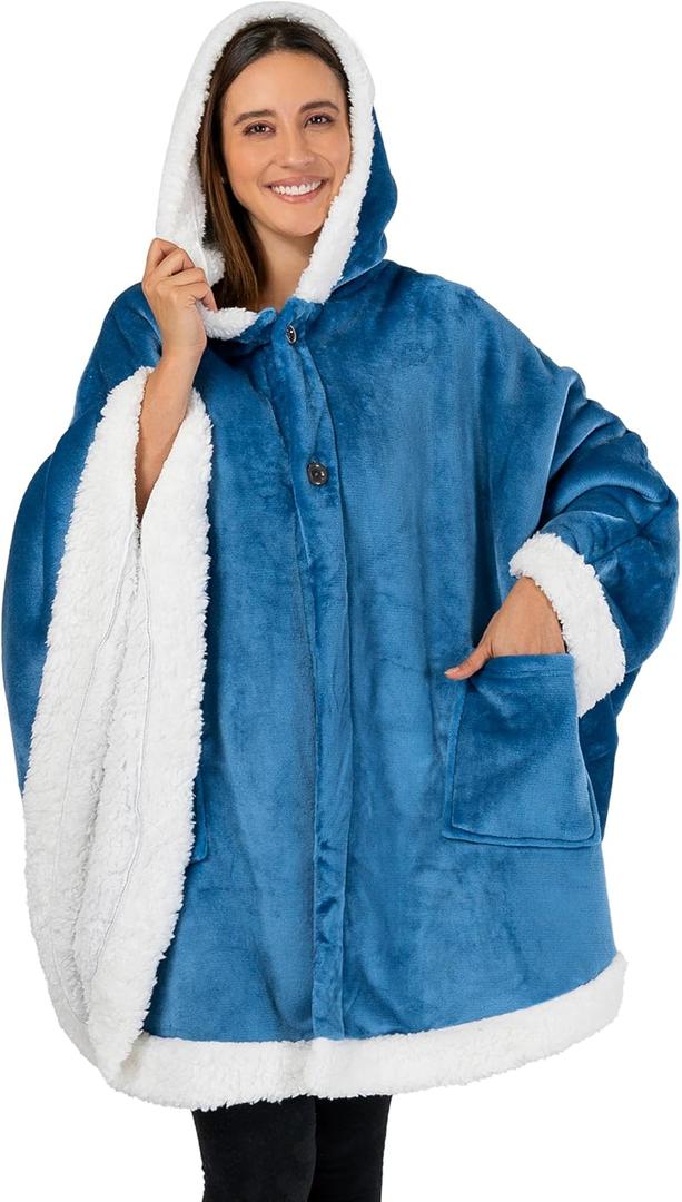 PAVILIA Hooded Blanket Poncho, Women Sherpa Fleece Shawl Wrap with Hood, Wearable Blanket Cozy Warm Poncho Cape Throw with Pockets, Gift for Elderly Mom, Turquoise Sea Blue